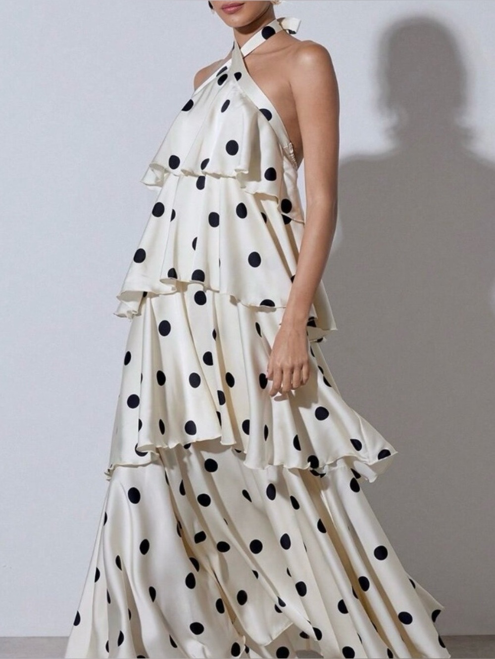 Women’s Cream Polka Dot Halter Tiered Maxi Dress
